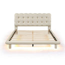 Queen Size Velvet Platform Bed with LED Frame, Thick & Soft Fabric and Button-tufted Design Headboard, Beige - Supfirm