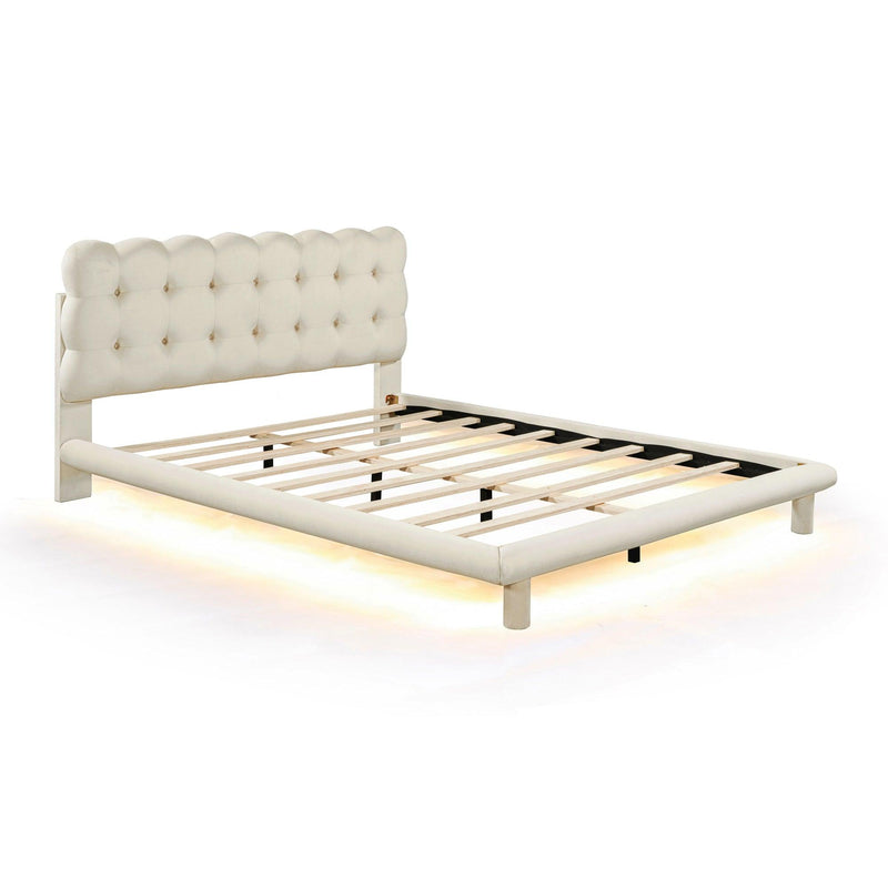 Queen Size Velvet Platform Bed with LED Frame, Thick & Soft Fabric and Button-tufted Design Headboard, Beige - Supfirm