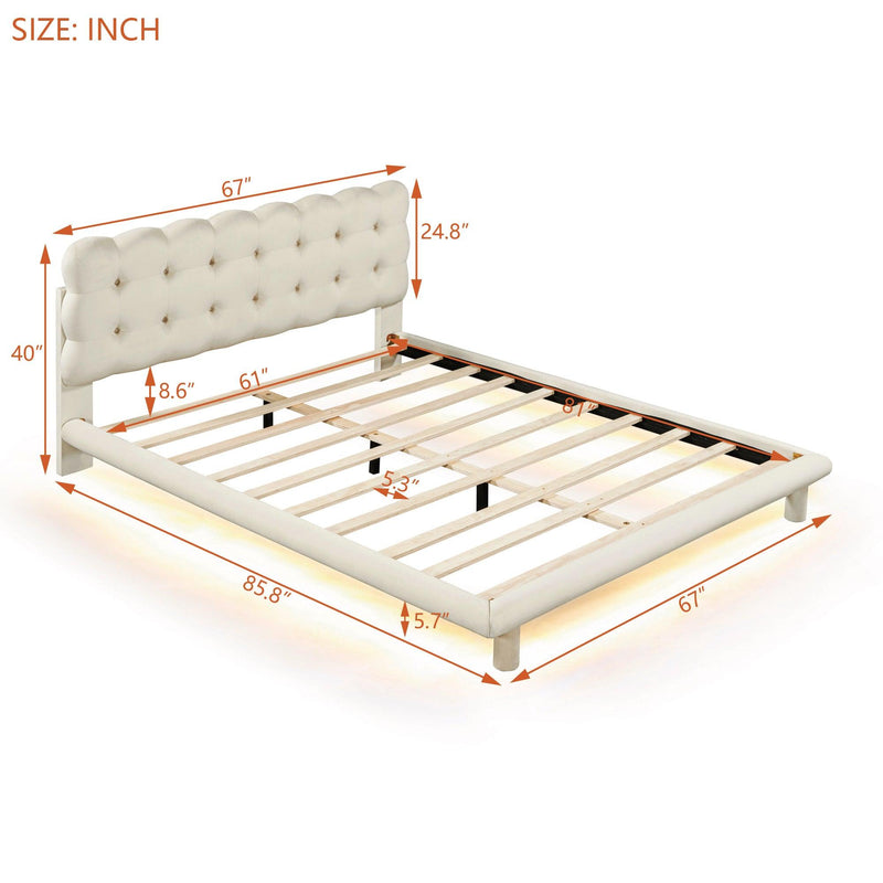 Queen Size Velvet Platform Bed with LED Frame, Thick & Soft Fabric and Button-tufted Design Headboard, Beige - Supfirm