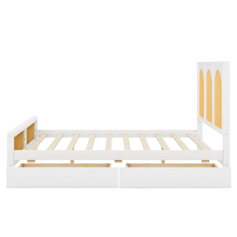 Queen Size Wood Storage Platform Bed with 2 Drawers, Rattan Headboard and Footboard, White - Supfirm