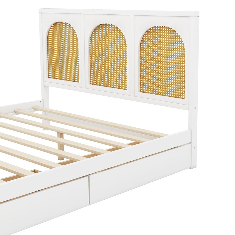 Queen Size Wood Storage Platform Bed with 2 Drawers, Rattan Headboard and Footboard, White - Supfirm