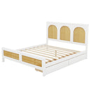 Queen Size Wood Storage Platform Bed with 2 Drawers, Rattan Headboard and Footboard, White - Supfirm