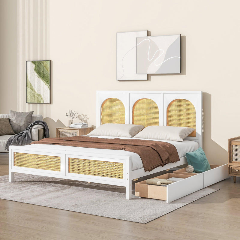 Queen Size Wood Storage Platform Bed with 2 Drawers, Rattan Headboard and Footboard, White - Supfirm