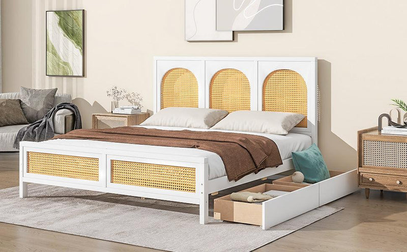 Queen Size Wood Storage Platform Bed with 2 Drawers, Rattan Headboard and Footboard, White - Supfirm