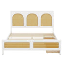 Queen Size Wood Storage Platform Bed with 2 Drawers, Rattan Headboard and Footboard, White - Supfirm