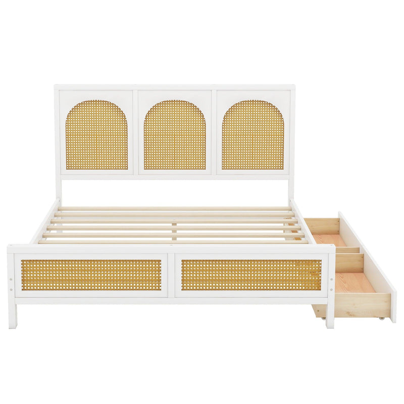 Queen Size Wood Storage Platform Bed with 2 Drawers, Rattan Headboard and Footboard, White - Supfirm