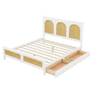 Queen Size Wood Storage Platform Bed with 2 Drawers, Rattan Headboard and Footboard, White - Supfirm