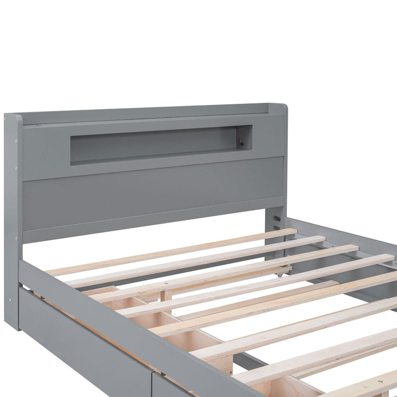 Queen Size Wood Storage Platform Bed with LED, 2 Drawers and 1 Twin Size Trundle, Gray - Supfirm