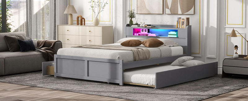 Queen Size Wood Storage Platform Bed with LED, 2 Drawers and 1 Twin Size Trundle, Gray - Supfirm