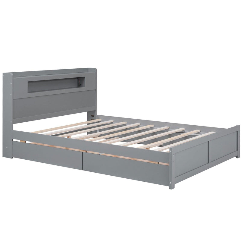 Queen Size Wood Storage Platform Bed with LED, 2 Drawers and 1 Twin Size Trundle, Gray - Supfirm