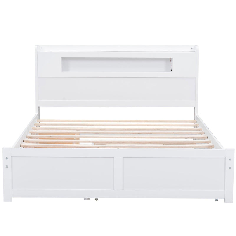 Queen Size Wood Storage Platform Bed with LED, 2 Drawers and 1 Twin Size Trundle, White - Supfirm