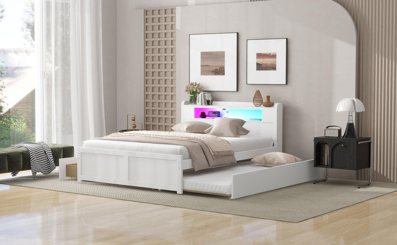 Queen Size Wood Storage Platform Bed with LED, 2 Drawers and 1 Twin Size Trundle, White - Supfirm