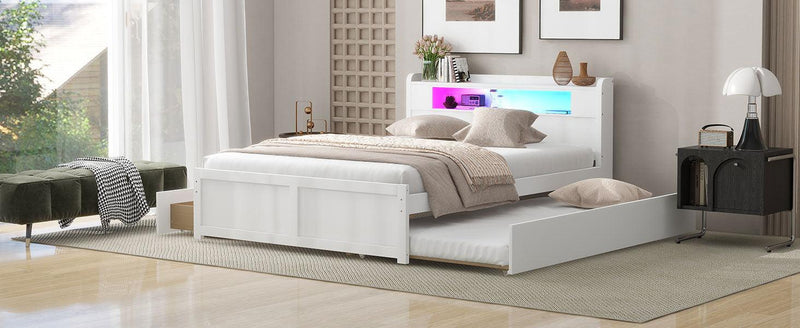 Queen Size Wood Storage Platform Bed with LED, 2 Drawers and 1 Twin Size Trundle, White - Supfirm