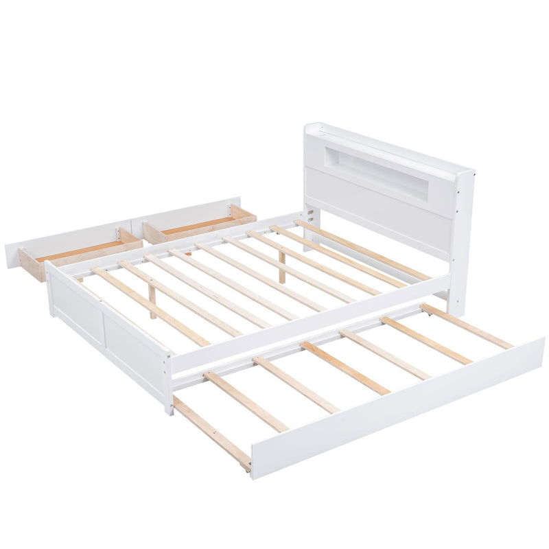 Queen Size Wood Storage Platform Bed with LED, 2 Drawers and 1 Twin Size Trundle, White - Supfirm