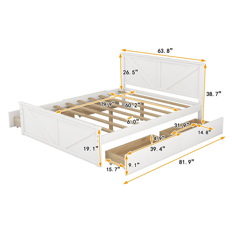 Queen Size Wooden Platform Bed with Four Storage Drawers and Support Legs, White - Supfirm