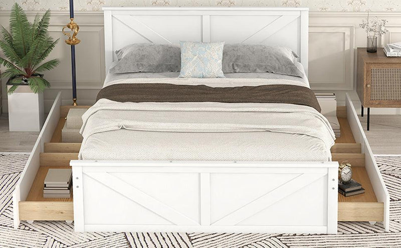 Queen Size Wooden Platform Bed with Four Storage Drawers and Support Legs, White - Supfirm