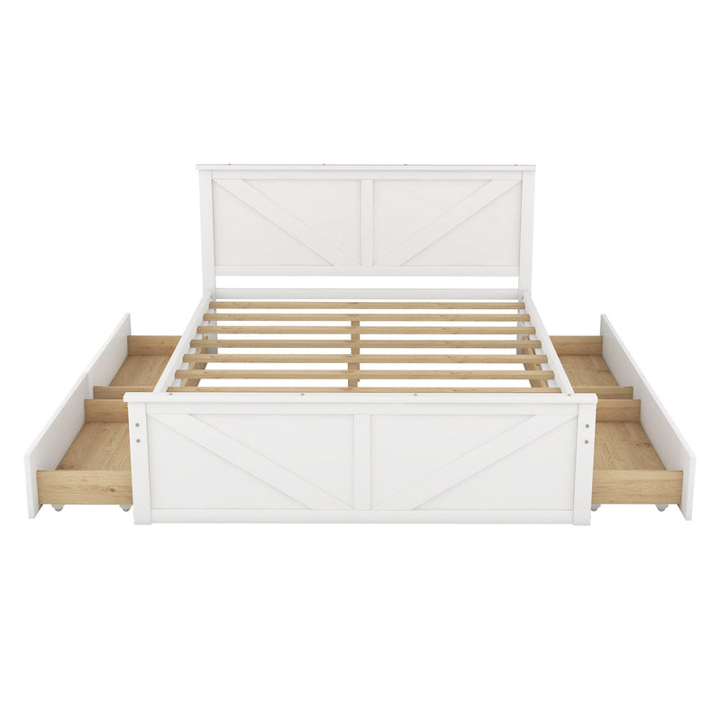 Queen Size Wooden Platform Bed with Four Storage Drawers and Support Legs, White - Supfirm