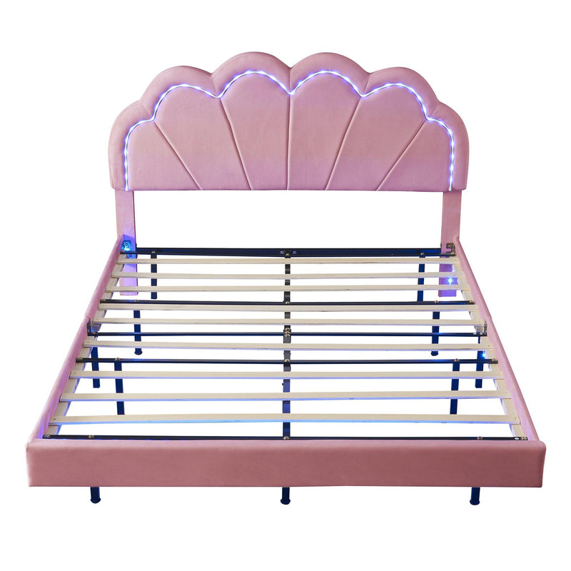 Queen Upholstered Smart LED Bed Frame with Elegant Flowers Headboard,Floating Velvet Platform LED Bed with Wooden Slats Support,Pink - Supfirm