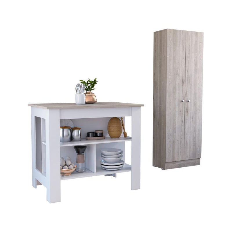 Roblar 8-Shelf 2-Door 2-piece Kitchen Set, Kitchen Island and Pantry Cabinet White and Light Gray - Supfirm