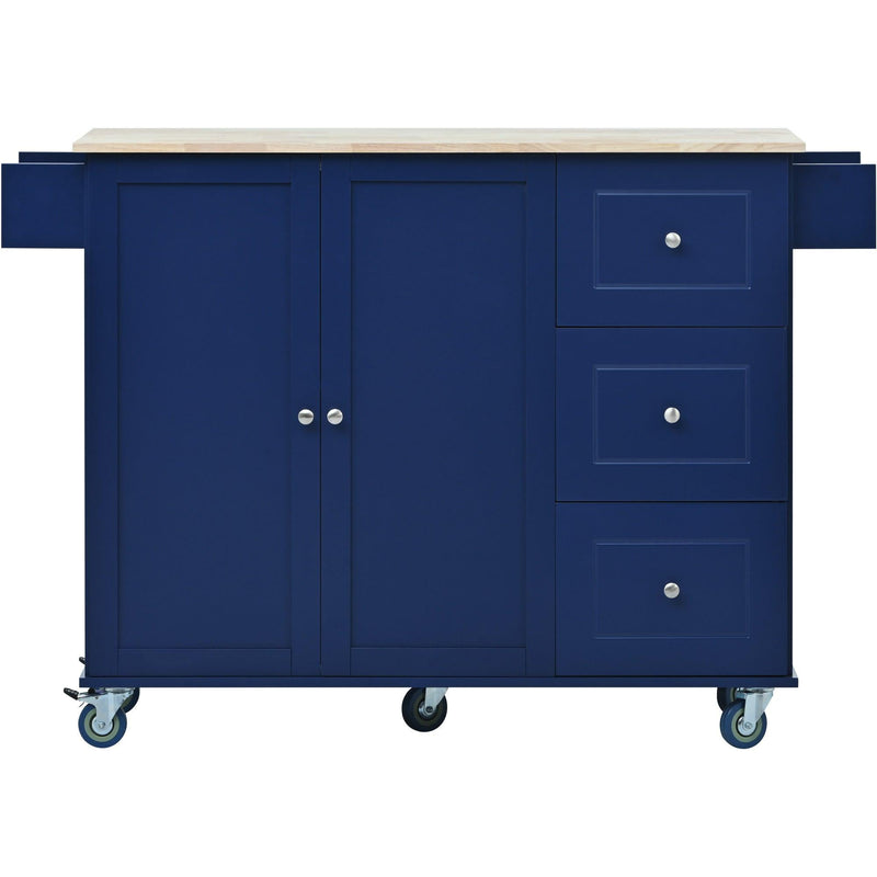 Rolling Mobile Kitchen Island with Drop Leaf - Solid Wood Top, Locking Wheels & Storage Cabinet 52.7 Inch Width(Dark blue) - Supfirm