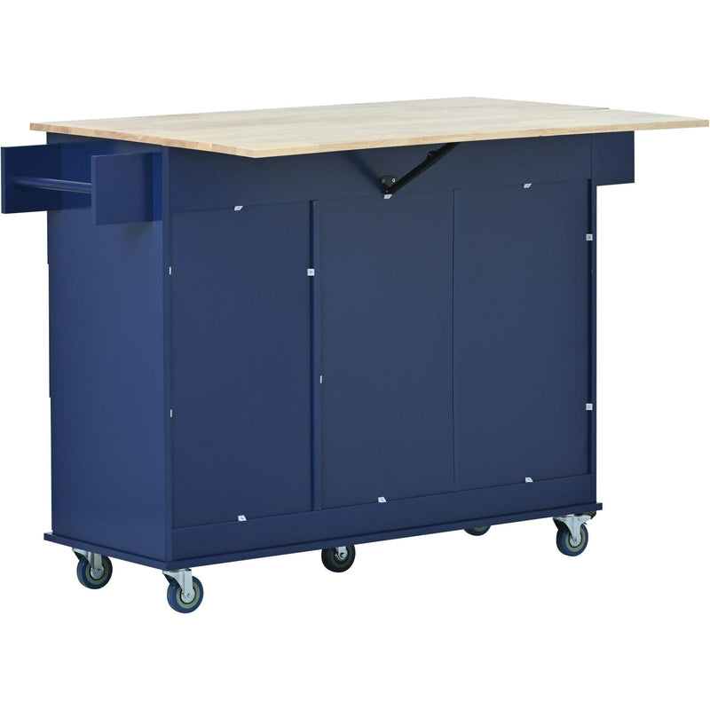 Rolling Mobile Kitchen Island with Drop Leaf - Solid Wood Top, Locking Wheels & Storage Cabinet 52.7 Inch Width(Dark blue) - Supfirm