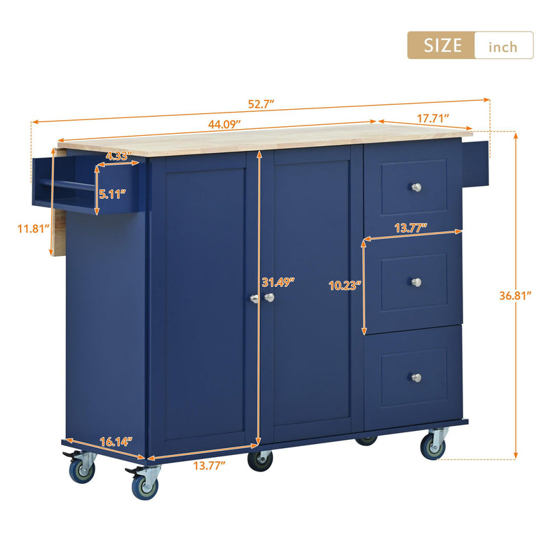 Rolling Mobile Kitchen Island with Drop Leaf - Solid Wood Top, Locking Wheels & Storage Cabinet 52.7 Inch Width(Dark blue) - Supfirm