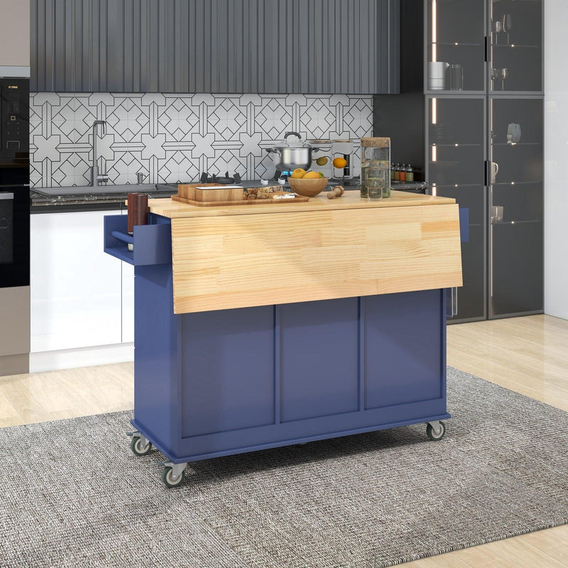 Rolling Mobile Kitchen Island with Drop Leaf - Solid Wood Top, Locking Wheels & Storage Cabinet 52.7 Inch Width(Dark blue) - Supfirm