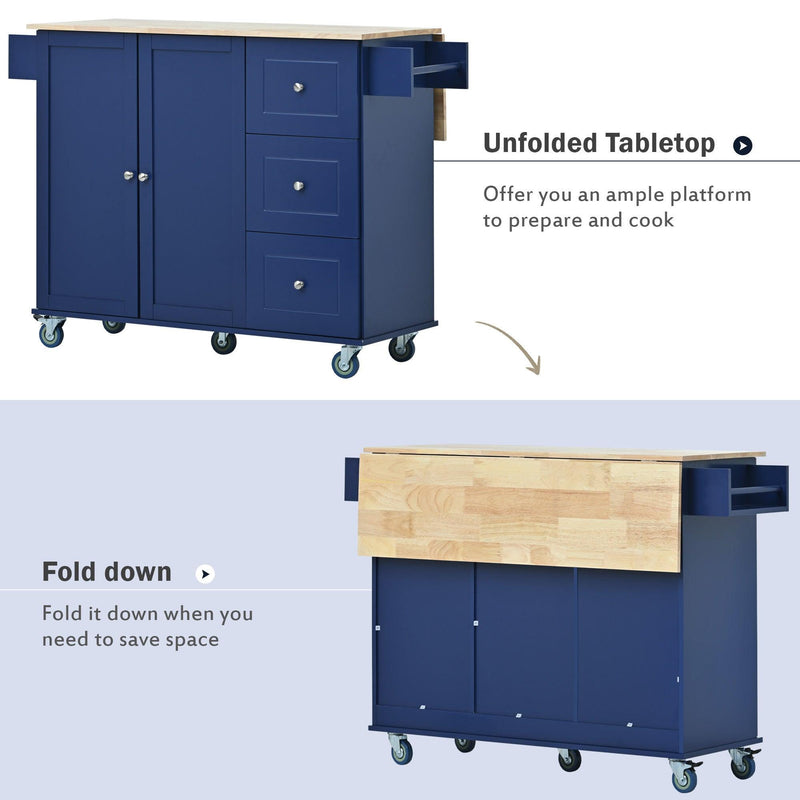 Rolling Mobile Kitchen Island with Drop Leaf - Solid Wood Top, Locking Wheels & Storage Cabinet 52.7 Inch Width(Dark blue) - Supfirm