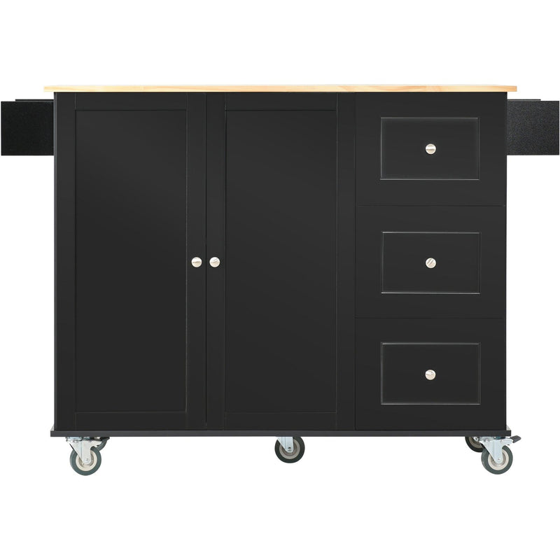 Rolling Mobile Kitchen Island with Solid Wood Top and Locking Wheels,52.7 Inch Width,Storage Cabinet and Drop Leaf Breakfast Bar,Spice Rack, Towel Rack & Drawer (Black) - Supfirm