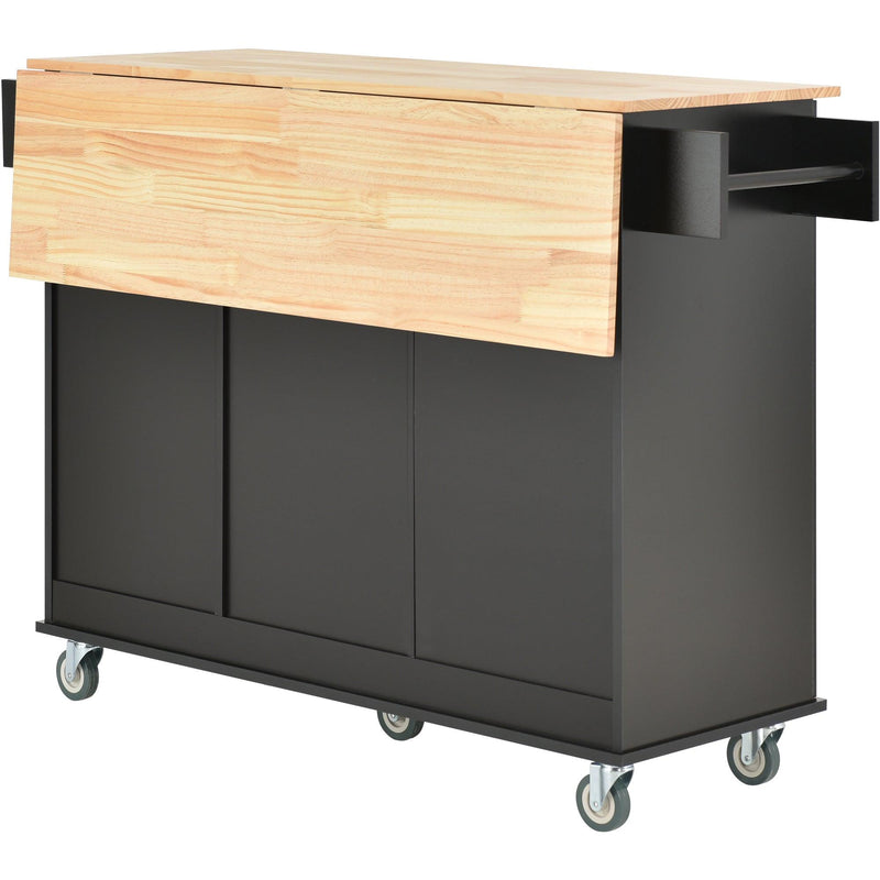 Rolling Mobile Kitchen Island with Solid Wood Top and Locking Wheels,52.7 Inch Width,Storage Cabinet and Drop Leaf Breakfast Bar,Spice Rack, Towel Rack & Drawer (Black) - Supfirm