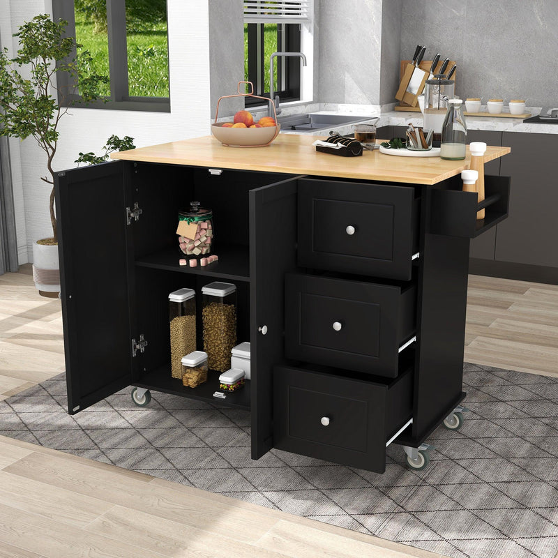 Rolling Mobile Kitchen Island with Solid Wood Top and Locking Wheels,52.7 Inch Width,Storage Cabinet and Drop Leaf Breakfast Bar,Spice Rack, Towel Rack & Drawer (Black) - Supfirm