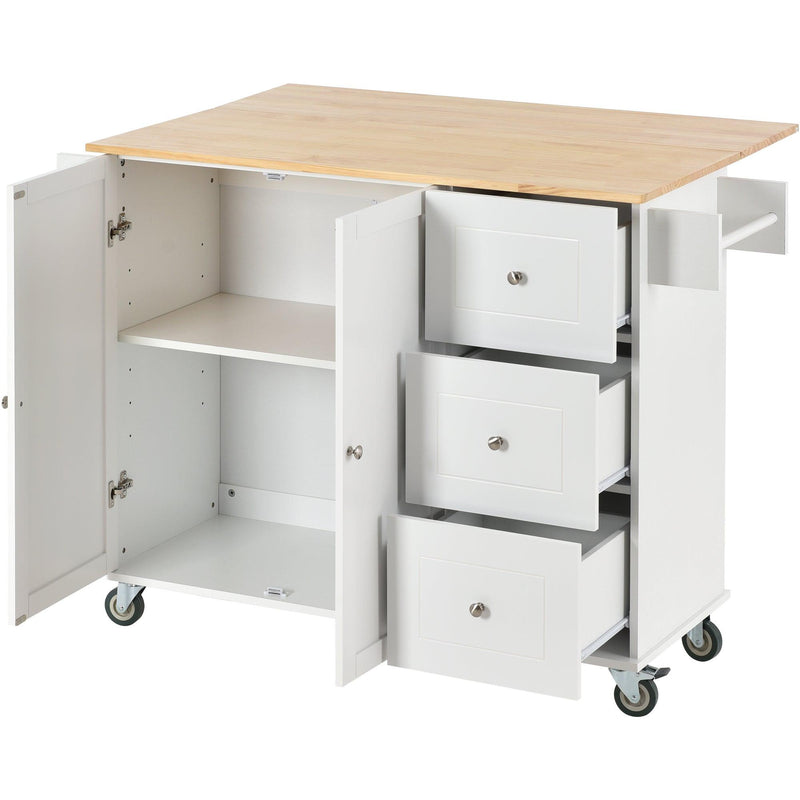 Rolling Mobile Kitchen Island with Solid Wood Top and Locking Wheels,52.7 Inch Width,Storage Cabinet and Drop Leaf Breakfast Bar,Spice Rack, Towel Rack & Drawer (White) - Supfirm