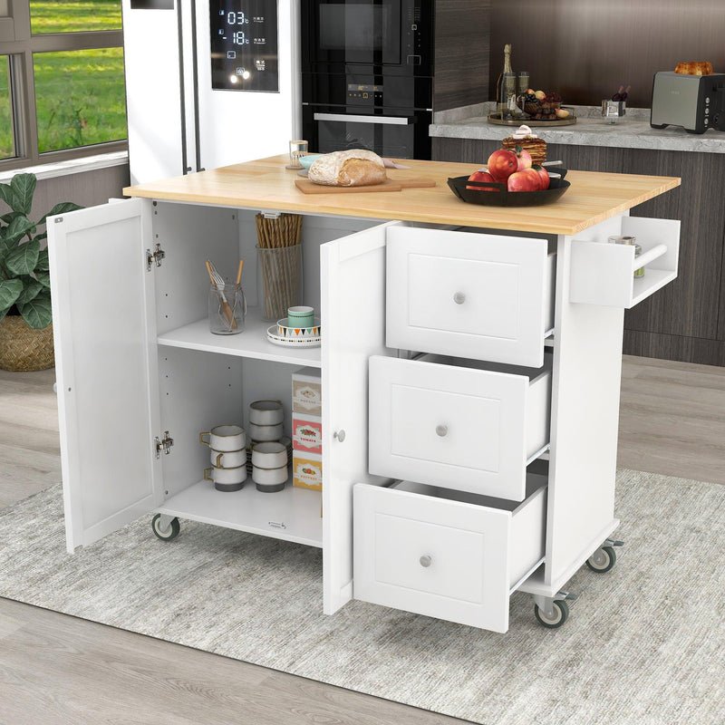 Rolling Mobile Kitchen Island with Solid Wood Top and Locking Wheels,52.7 Inch Width,Storage Cabinet and Drop Leaf Breakfast Bar,Spice Rack, Towel Rack & Drawer (White) - Supfirm