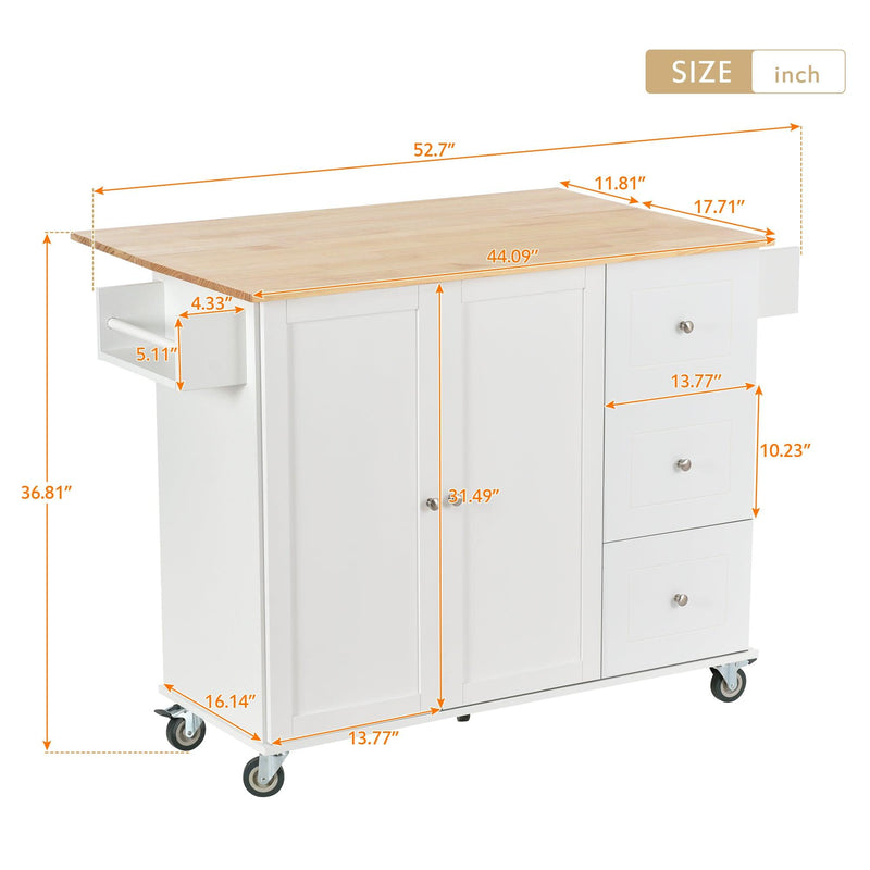 Rolling Mobile Kitchen Island with Solid Wood Top and Locking Wheels,52.7 Inch Width,Storage Cabinet and Drop Leaf Breakfast Bar,Spice Rack, Towel Rack & Drawer (White) - Supfirm