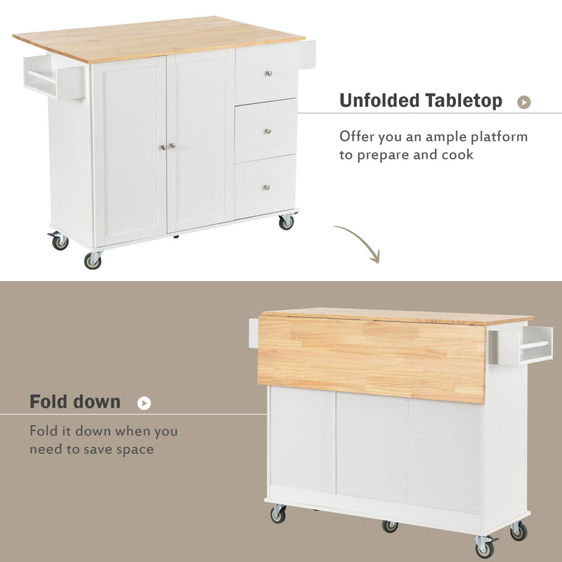 Rolling Mobile Kitchen Island with Solid Wood Top and Locking Wheels,52.7 Inch Width,Storage Cabinet and Drop Leaf Breakfast Bar,Spice Rack, Towel Rack & Drawer (White) - Supfirm