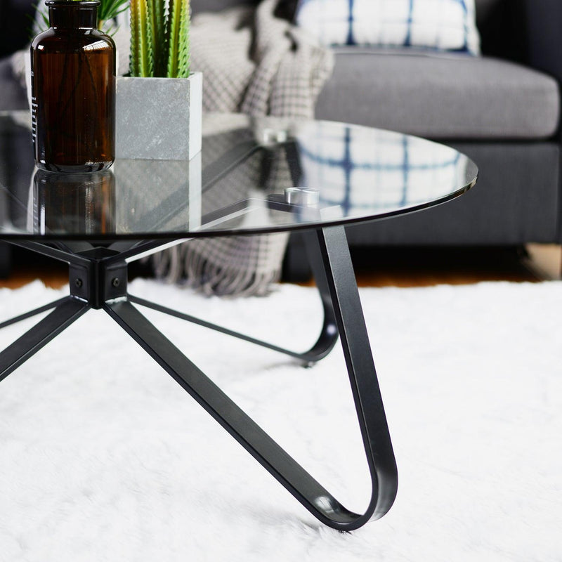 Round Coffee Table for Living Room, 31.5-inch Modern Sofa Side End Table with Tempered Glass Top & Metal Legs, Accent Cocktail Tea Table, 31.5 x 31.5 x 15.6 inches, Black - Supfirm