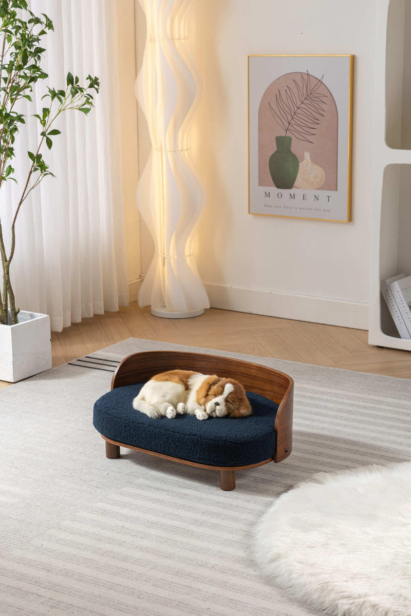 Scandinavian style Elevated Dog Bed Pet Sofa With Solid Wood legs and Bent Wood Back, cashmesh Cushion, Walnut wood,dark blue cashmesh. - Supfirm