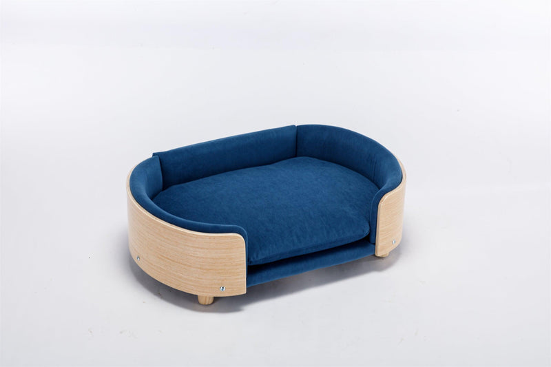 Scandinavian style Elevated Dog Bed Pet Sofa With Solid Wood legs and Bent Wood Back, Velvet Cushion,Mid Size,Dark Blue - Supfirm