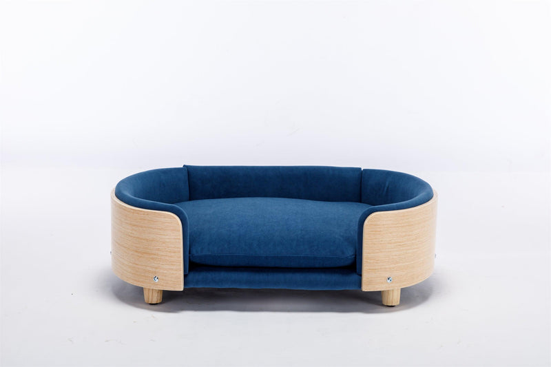 Scandinavian style Elevated Dog Bed Pet Sofa With Solid Wood legs and Bent Wood Back, Velvet Cushion,Mid Size,Dark Blue - Supfirm