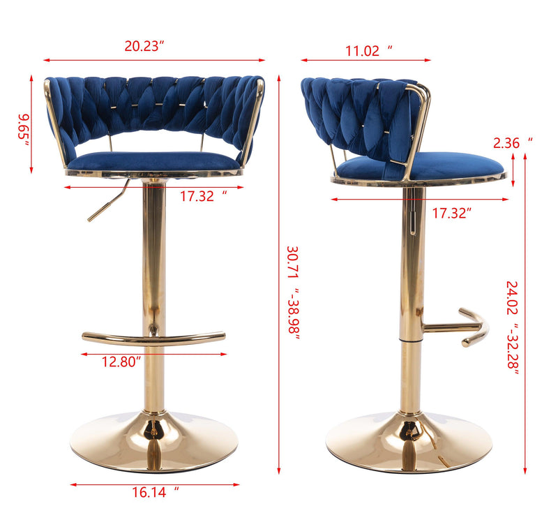 Set of 2 Bar Kitchen Stools Seat,with Chrome Footrest and Base Swivel Height Adjustable Mechanical Lifting Velvet + Golden Leg Simple Bar Stool-BLUE - Supfirm