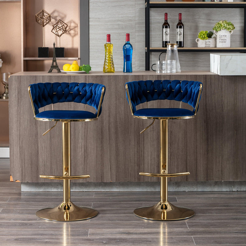 Set of 2 Bar Kitchen Stools Seat,with Chrome Footrest and Base Swivel Height Adjustable Mechanical Lifting Velvet + Golden Leg Simple Bar Stool-BLUE - Supfirm