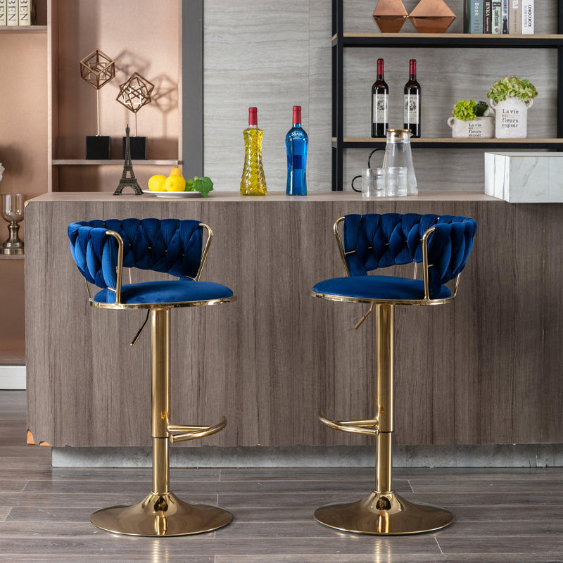 Set of 2 Bar Kitchen Stools Seat,with Chrome Footrest and Base Swivel Height Adjustable Mechanical Lifting Velvet + Golden Leg Simple Bar Stool-BLUE - Supfirm