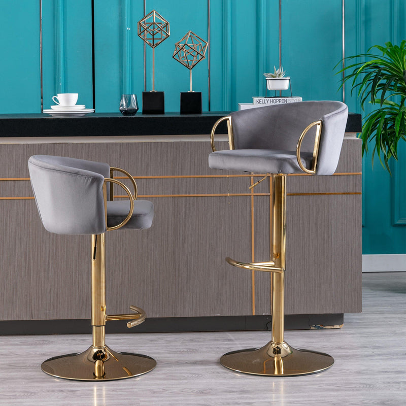 Set of 2 Bar Kitchen Stools Seat,with Chrome Footrest and Base Swivel Height Adjustable Mechanical Lifting Velvet + Golden Leg Simple Bar Stool-Grey - Supfirm