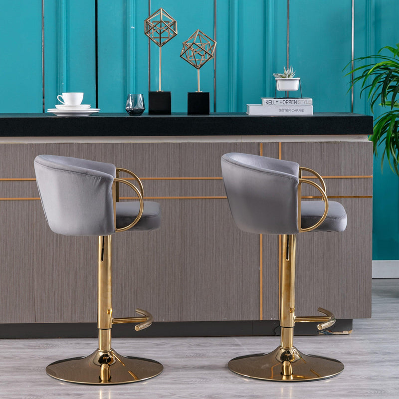 Set of 2 Bar Kitchen Stools Seat,with Chrome Footrest and Base Swivel Height Adjustable Mechanical Lifting Velvet + Golden Leg Simple Bar Stool-Grey - Supfirm