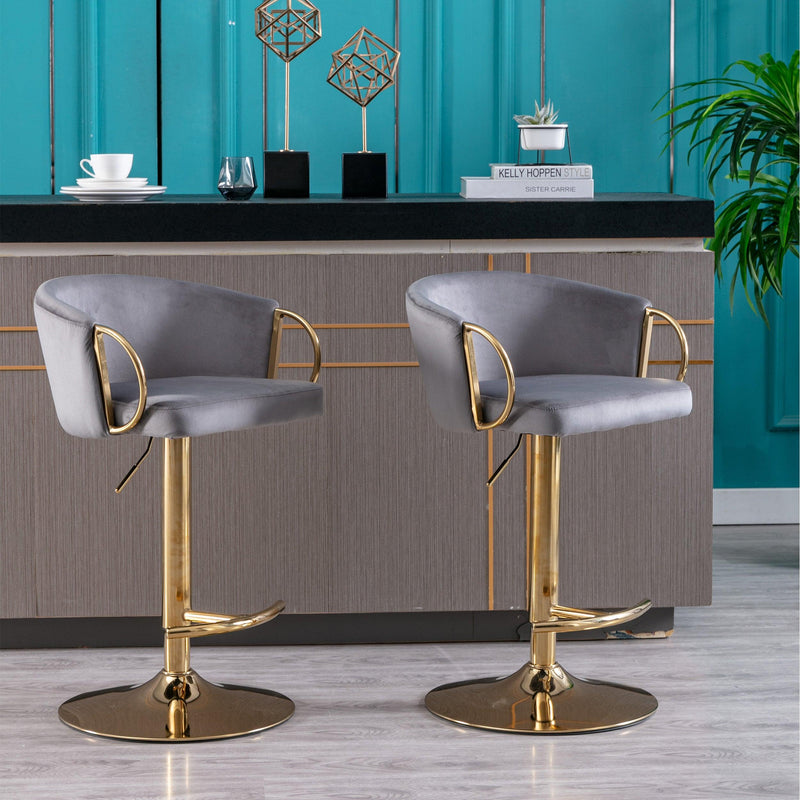 Set of 2 Bar Kitchen Stools Seat,with Chrome Footrest and Base Swivel Height Adjustable Mechanical Lifting Velvet + Golden Leg Simple Bar Stool-Grey - Supfirm