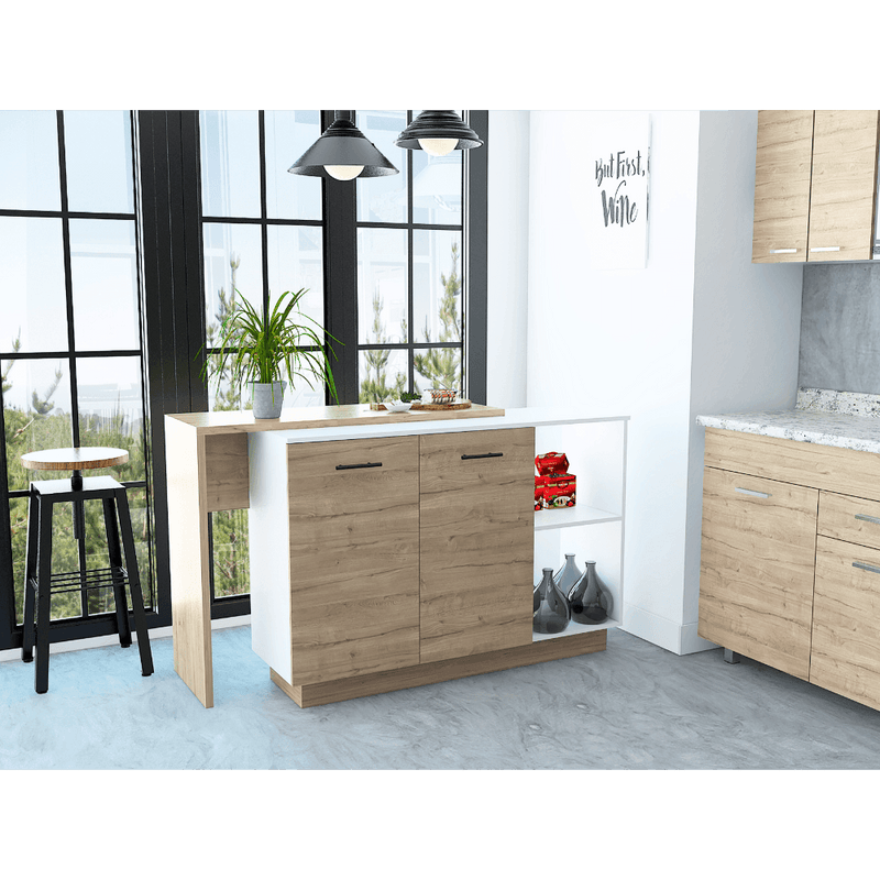 Sicilia Kitchen Island, Two External Shelves, Double Door Cabinets, Three Shelves -White / Light Oak - Supfirm