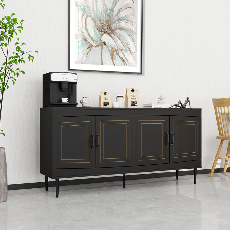 Sideboard Buffet Cabinet, Wooden Storage Cabinet with Adjustable Shelves, Modern 4 Door Console Table for Home Kitchen Living Room Black - Supfirm