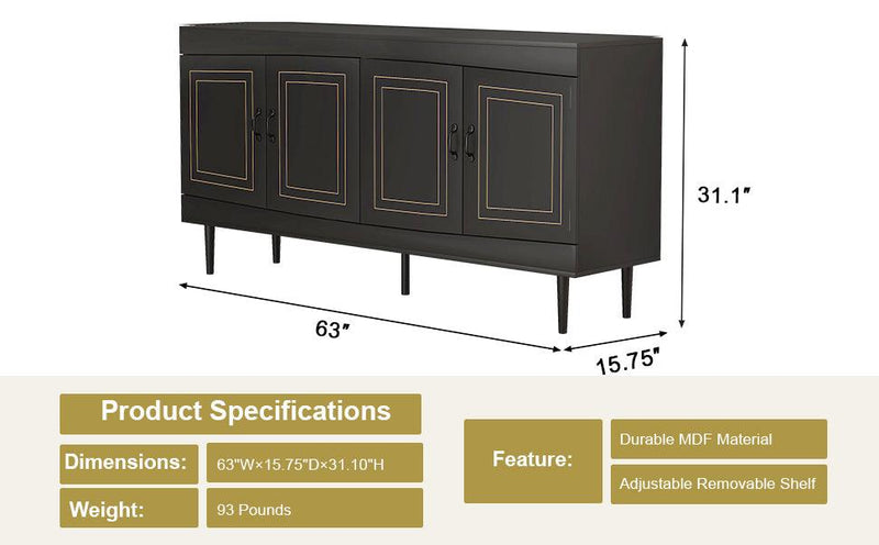 Sideboard Buffet Cabinet, Wooden Storage Cabinet with Adjustable Shelves, Modern 4 Door Console Table for Home Kitchen Living Room Black - Supfirm