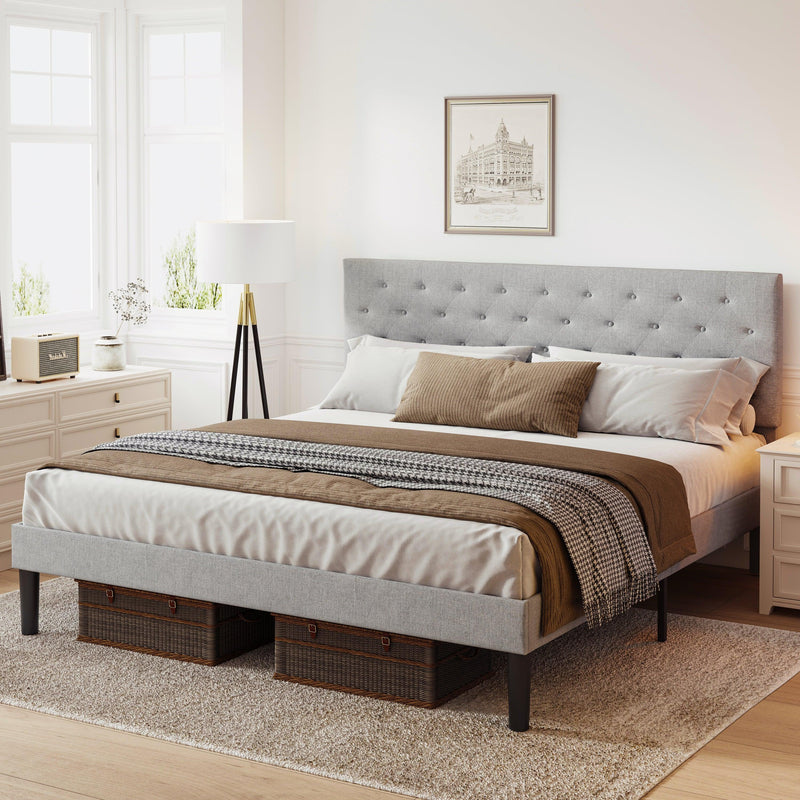 Simple Queen Size Grey Bed frame, Adjustable Headboard, Common - Supfirm