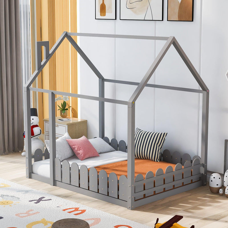 (Slats are not included)Full Size Wood Bed House Bed Frame with Fence, for Kids, Teens, Girls, Boys (Gray )(OLD SKU:WF281294AAE) - Supfirm